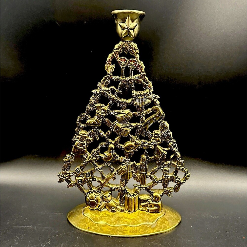 Vintage Brass Godinger Attributed Toy-Filled Christmas Tree Candle Holder ~9”